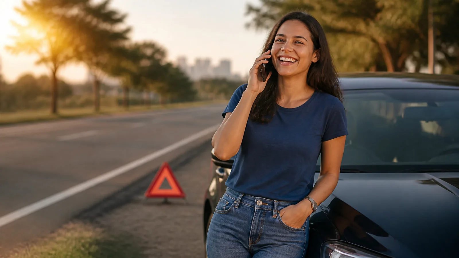 Motorista sinalizando o local de uma batida de carro na via
